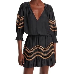 Ramy Brook Dress Barny Black NEW NWT boho mini embroidered smocked ruffle Medium